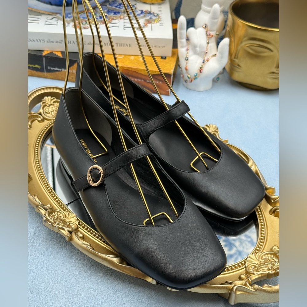 🆕 TORY BURCH 🧿 NWOB Selby Black Leather Square Toe Mary Jane Ballet Flats Sz 7 - Picture 11 of 14